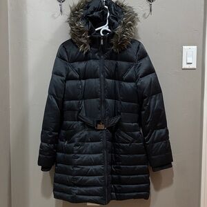 DKNYC Black Puffer Jacket with Faux Fur Trim